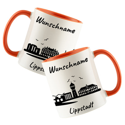 Tasse in Orange 330ml bedruckt mit der Skyline von Lippstadt personalisierbar mit Wunschname