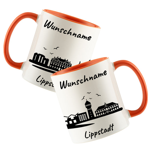 Tasse in Orange 330ml bedruckt mit der Skyline von Lippstadt personalisierbar mit Wunschname