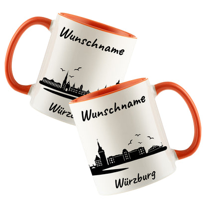 Tasse in Orange 330ml bedruckt mit der Skyline von Würzburg personalisierbar mit Wunschname
