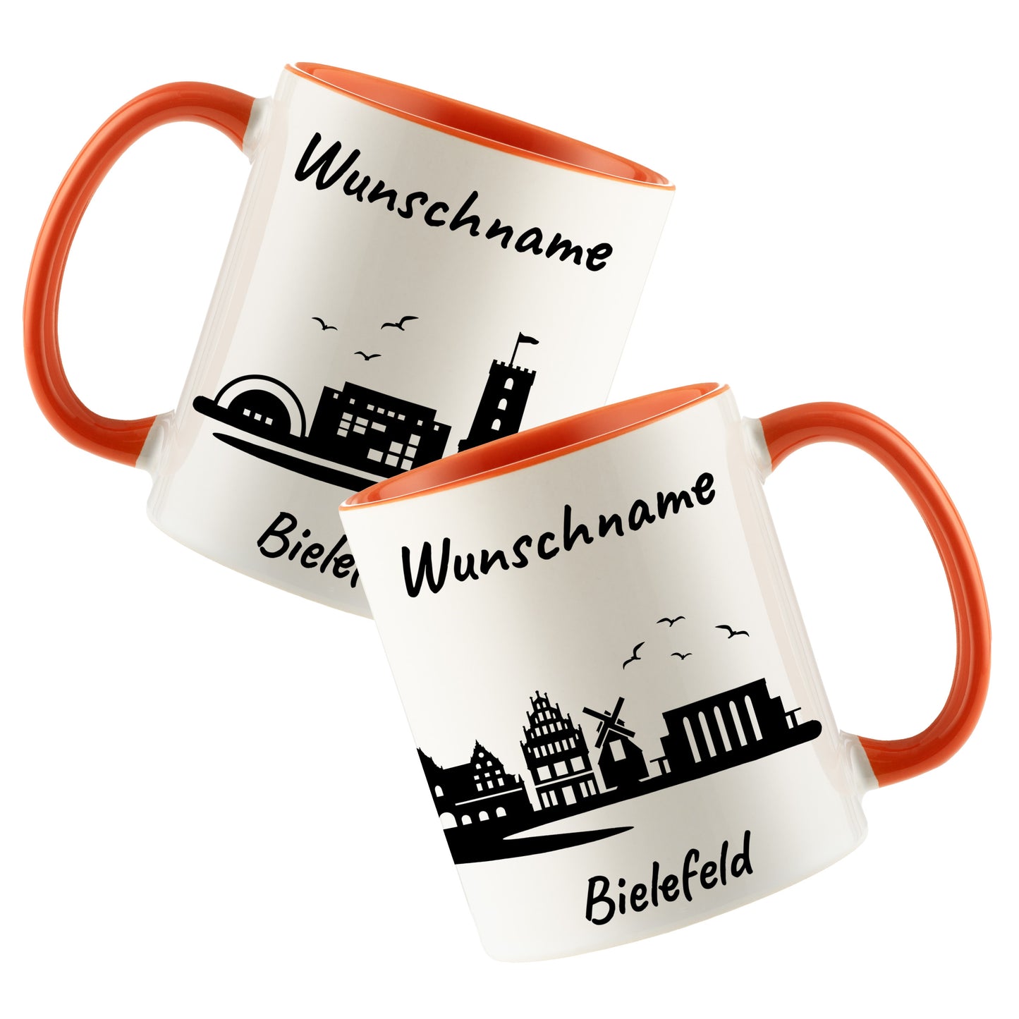 Tasse in Orange 330ml bedruckt mit der Skyline von Bielefeld personalisierbar mit Wunschname