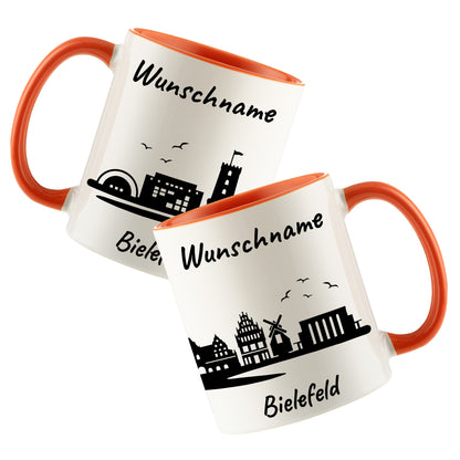 Tasse in Orange 330ml bedruckt mit der Skyline von Bielefeld personalisierbar mit Wunschname