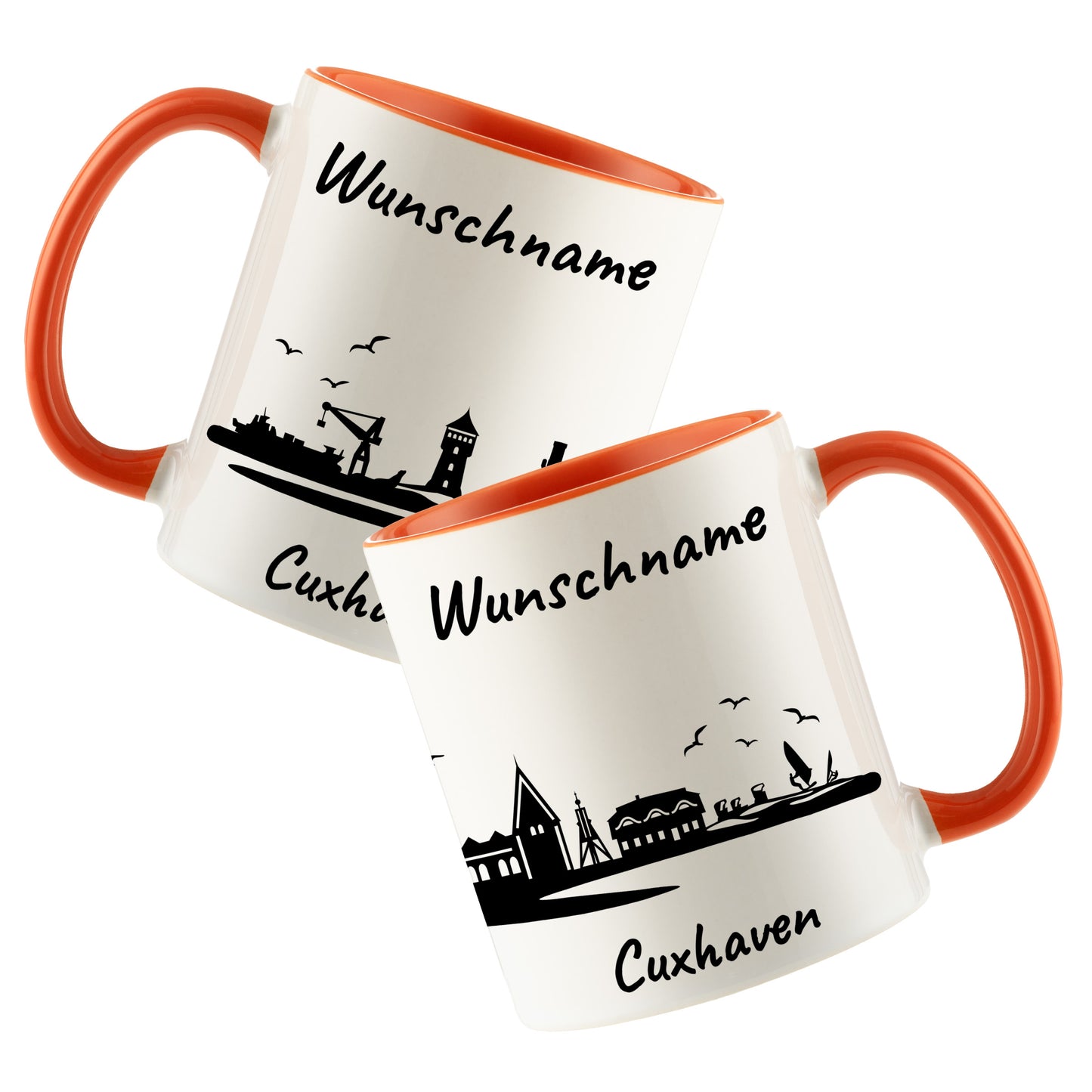 Tasse in Orange 330ml bedruckt mit der Skyline von Cuxhaven personalisierbar mit Wunschname