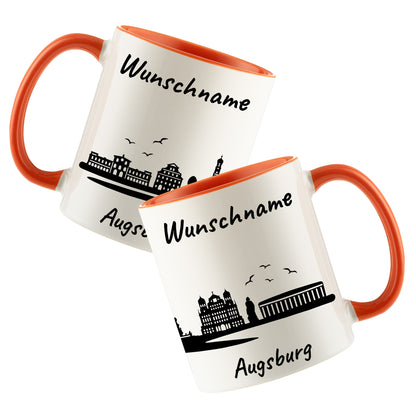 Tasse in Orange 330ml bedruckt mit der Skyline von Augsburg personalisierbar mit Wunschname