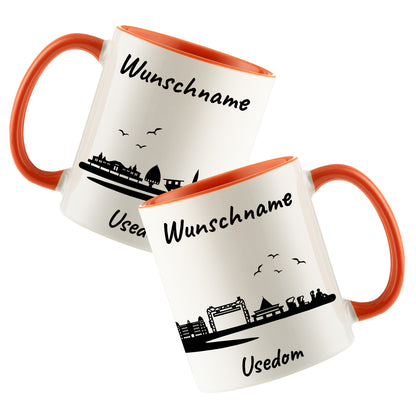 Tasse in Orange 330ml bedruckt mit der Skyline von Usedom personalisierbar mit Wunschname