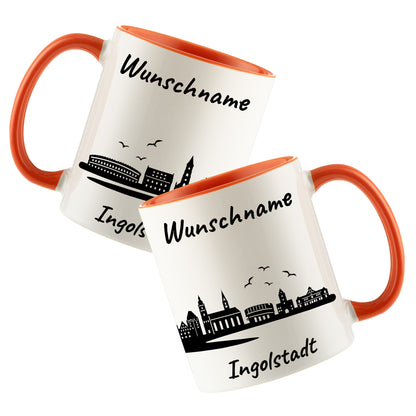 Tasse in Orange 330ml bedruckt mit der Skyline von Ingolstadt personalisierbar mit Wunschname
