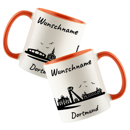 Tasse in Orange 330ml bedruckt mit der Skyline von Dortmund personalisierbar mit Wunschname