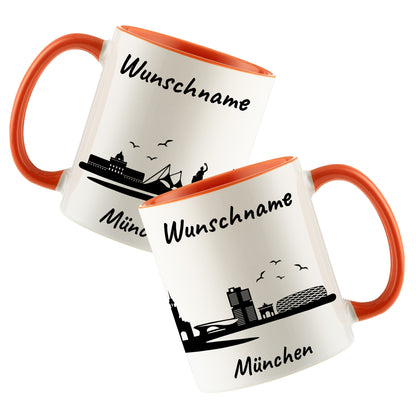 Tasse in Orange 330ml bedruckt mit der Skyline von München personalisierbar mit Wunschname