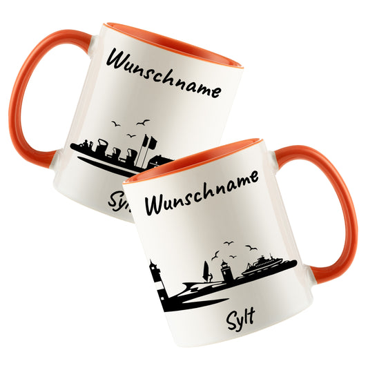 Tasse in Orange 330ml bedruckt mit der Skyline von Sylt personalisierbar mit Wunschname