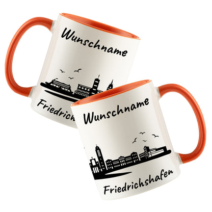 Tasse in Orange 330ml bedruckt mit der Skyline von Friedrichshafen personalisierbar mit Wunschname
