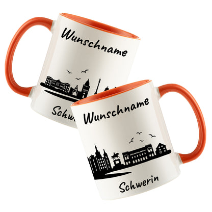 Tasse in Orange 330ml bedruckt mit der Skyline von Schwerin personalisierbar mit Wunschname