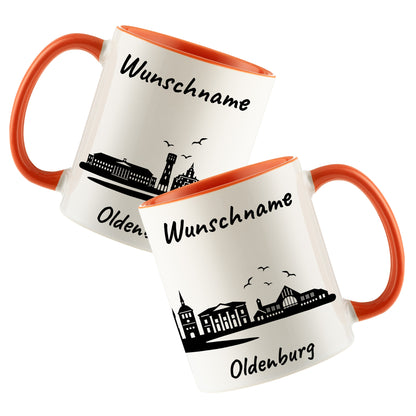 Tasse in Orange 330ml bedruckt mit der Skyline von Oldenburg personalisierbar mit Wunschname