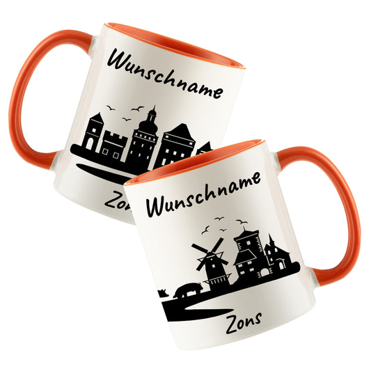 Tasse in Orange 330ml bedruckt mit der Skyline von Zons (Dormagen) personalisierbar mit Wunschname