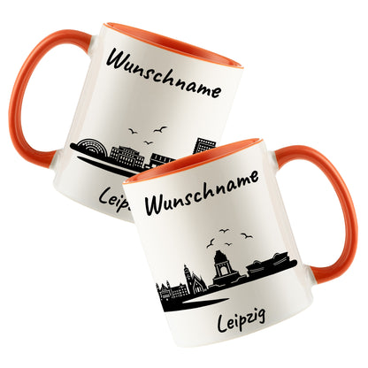 Tasse in Orange 330ml bedruckt mit der Skyline von Leipzig personalisierbar mit Wunschname