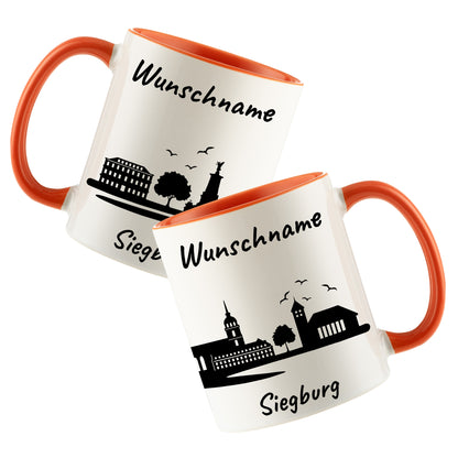 Tasse in Orange 330ml bedruckt mit der Skyline von Siegburg personalisierbar mit Wunschname