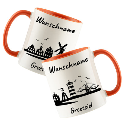 Tasse in Orange 330ml bedruckt mit der Skyline von Greetsiel personalisierbar mit Wunschname