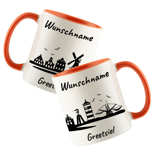 Tasse in Orange 330ml bedruckt mit der Skyline von Greetsiel personalisierbar mit Wunschname