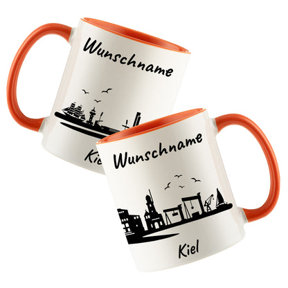 Tasse in Orange 330ml bedruckt mit der Skyline von Kiel personalisierbar mit Wunschname