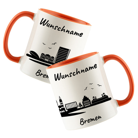 Tasse in Orange 330ml bedruckt mit der Skyline von Bremen personalisierbar mit Wunschname