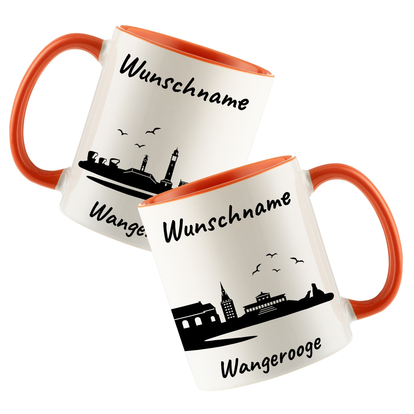 Tasse in Orange 330ml bedruckt mit der Skyline von Wangerooge personalisierbar mit Wunschname