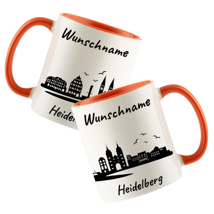 Tasse in Orange 330ml bedruckt mit der Skyline von Heidelberg personalisierbar mit Wunschname
