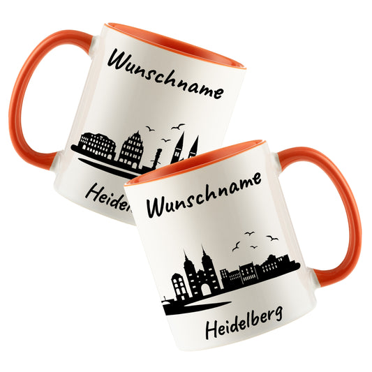 Tasse in Orange 330ml bedruckt mit der Skyline von Heidelberg personalisierbar mit Wunschname