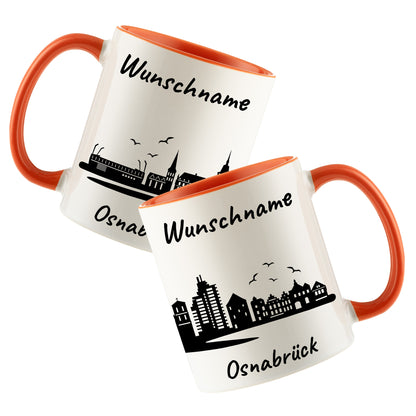Tasse in Orange 330ml bedruckt mit der Skyline von Osnabrück personalisierbar mit Wunschname