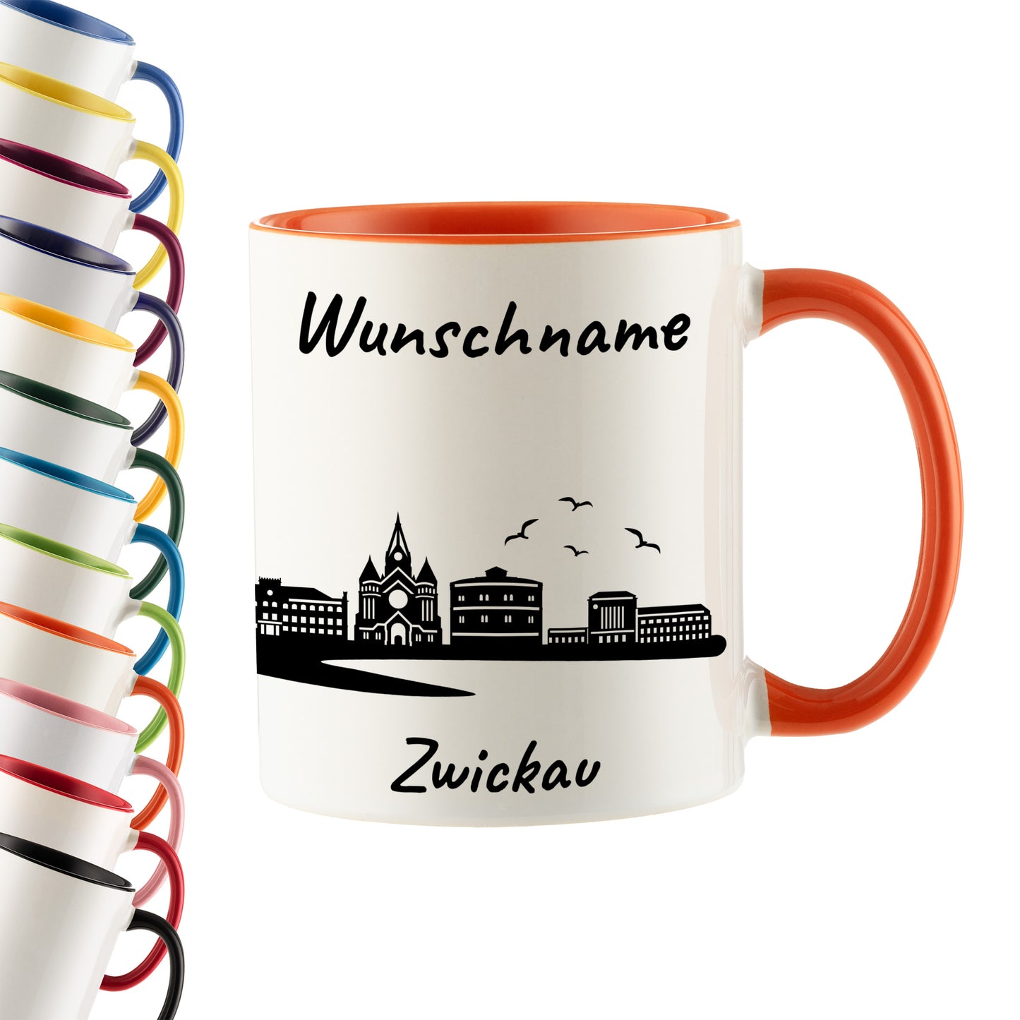Tasse in Orange 330ml bedruckt mit der Skyline von Zwickau personalisierbar mit Wunschname