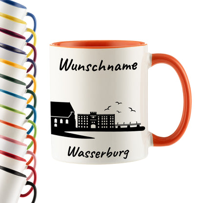 Tasse in Orange 330ml bedruckt mit der Skyline von Wasserburg personalisierbar mit Wunschname