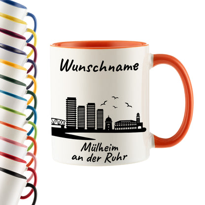 Tasse in Orange 330ml bedruckt mit der Skyline von Mülheim an der Ruhr personalisierbar mit Wunschname