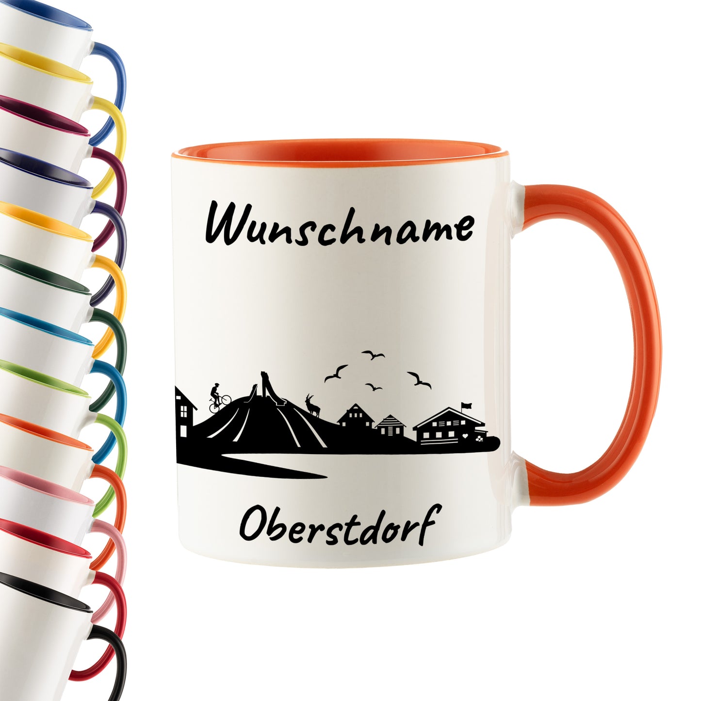 Tasse in Orange 330ml bedruckt mit der Skyline von Oberstdorf personalisierbar mit Wunschname