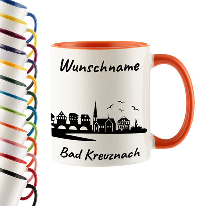 Tasse in Orange 330ml bedruckt mit der Skyline von Bad Kreuznach personalisierbar mit Wunschname