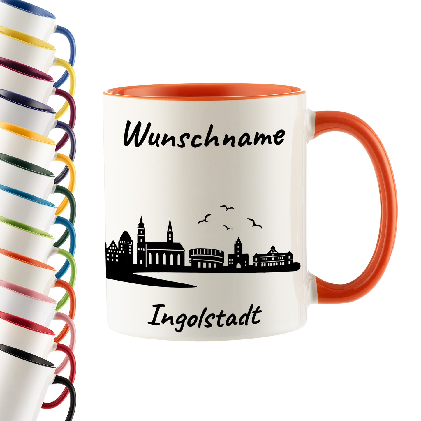 Tasse in Orange 330ml bedruckt mit der Skyline von Ingolstadt personalisierbar mit Wunschname