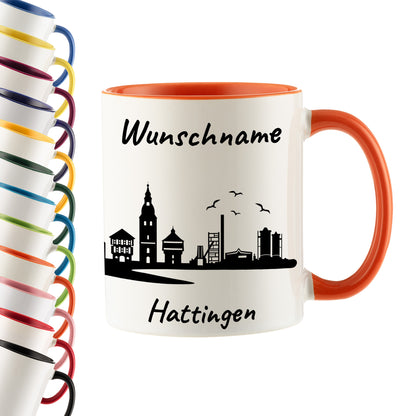 Tasse in Orange 330ml bedruckt mit der Skyline von Hattingen personalisierbar mit Wunschname