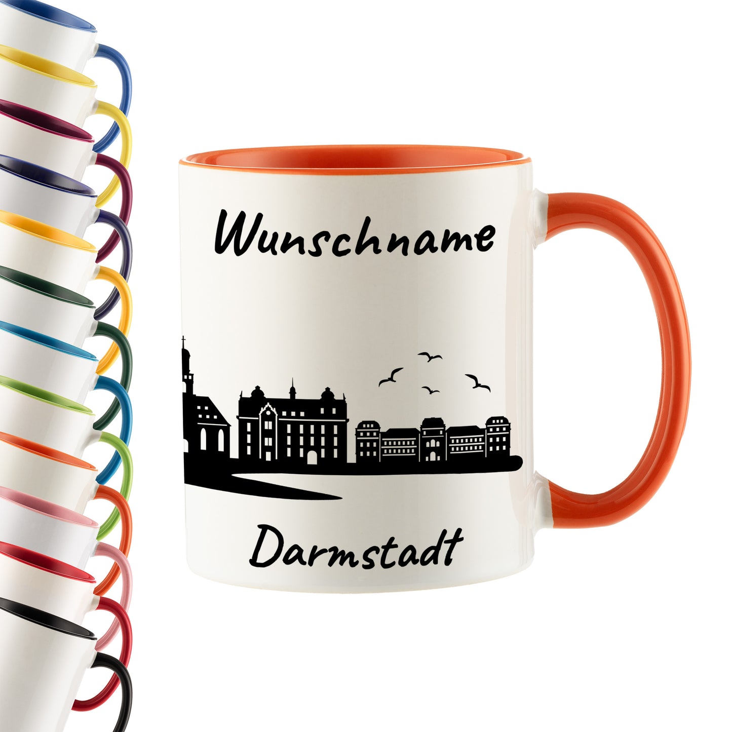 Tasse in Orange 330ml bedruckt mit der Skyline von Darmstadt personalisierbar mit Wunschname