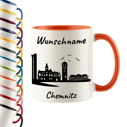 Tasse in Orange 330ml bedruckt mit der Skyline von Chemnitz personalisierbar mit Wunschname