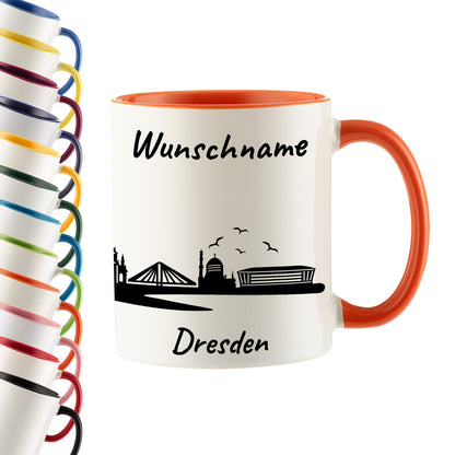 Tasse in Orange 330ml bedruckt mit der Skyline von Dresden personalisierbar mit Wunschname