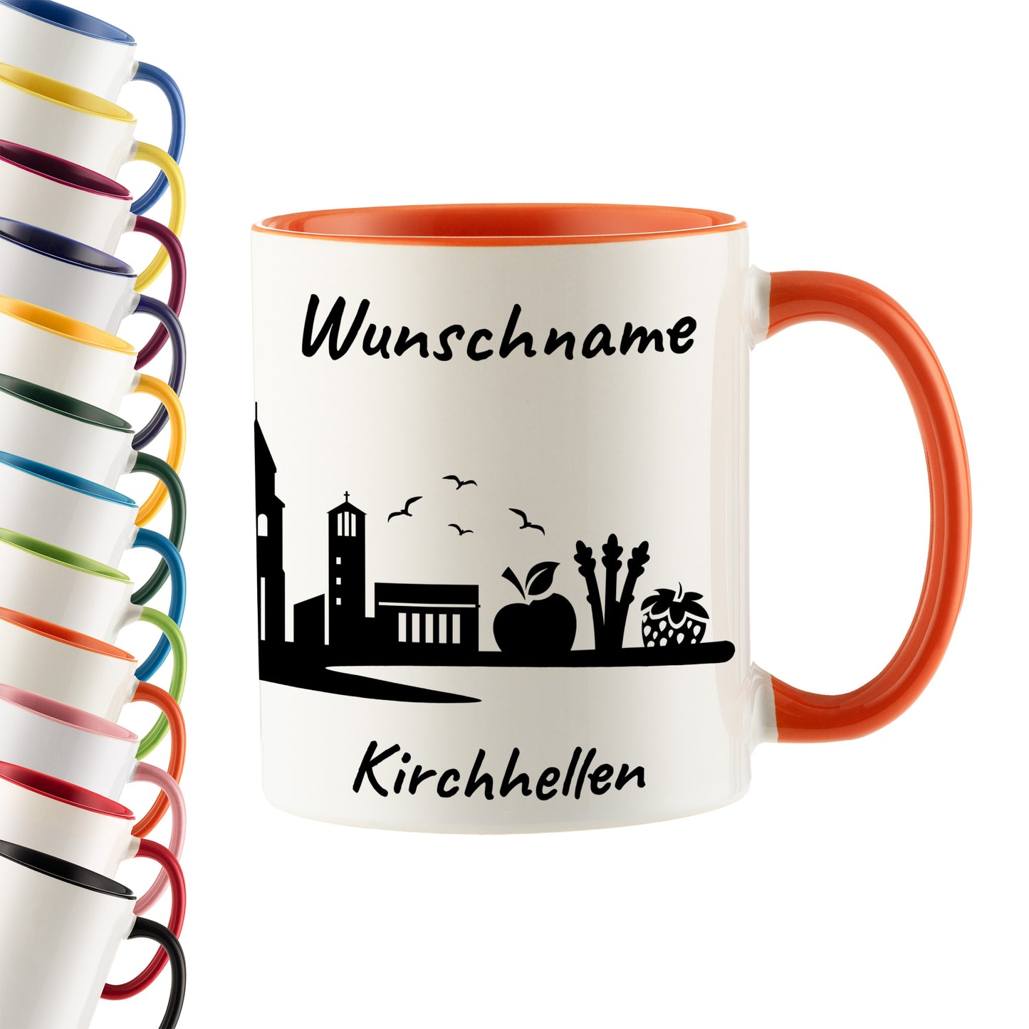 Tasse in Orange 330ml bedruckt mit der Skyline von Kirchhellen personalisierbar mit Wunschname