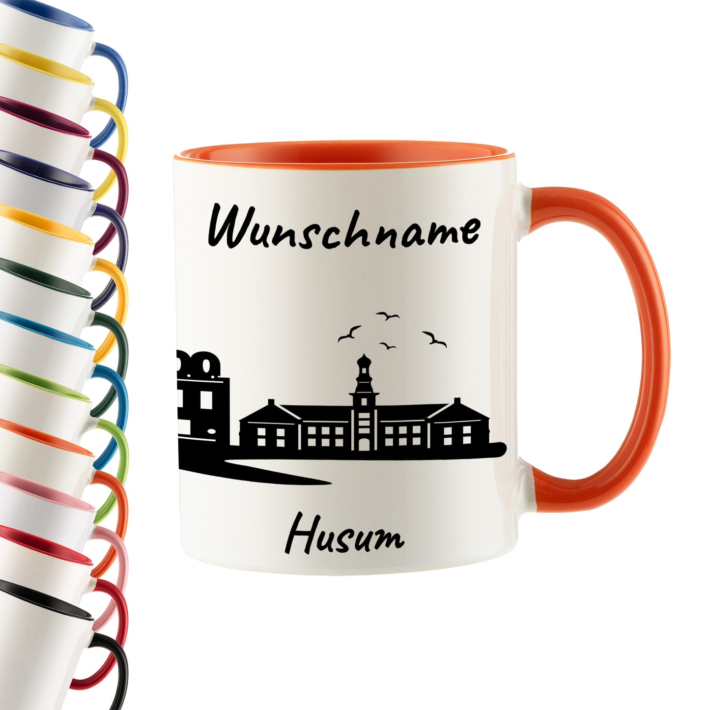 Tasse in Orange 330ml bedruckt mit der Skyline von Husum personalisierbar mit Wunschname