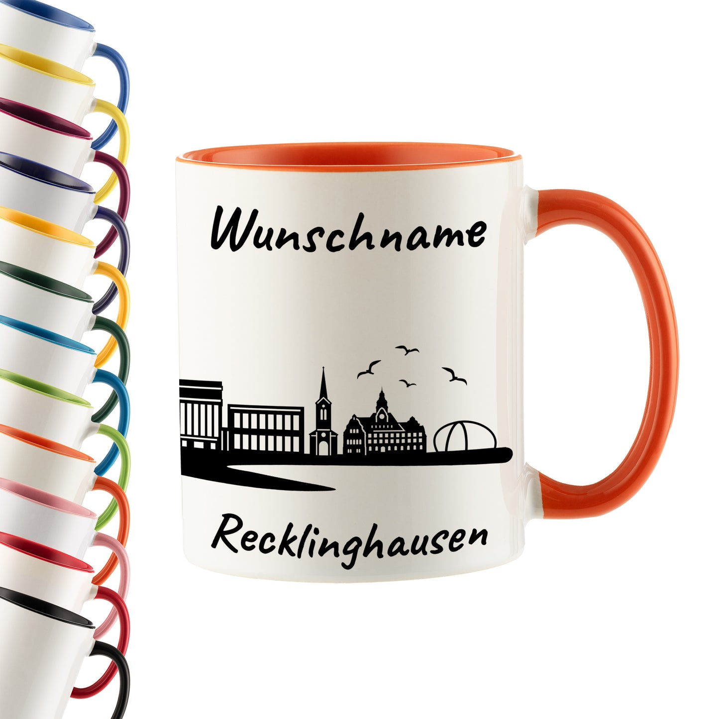 Tasse in Orange 330ml bedruckt mit der Skyline von Recklinghausen personalisierbar mit Wunschname