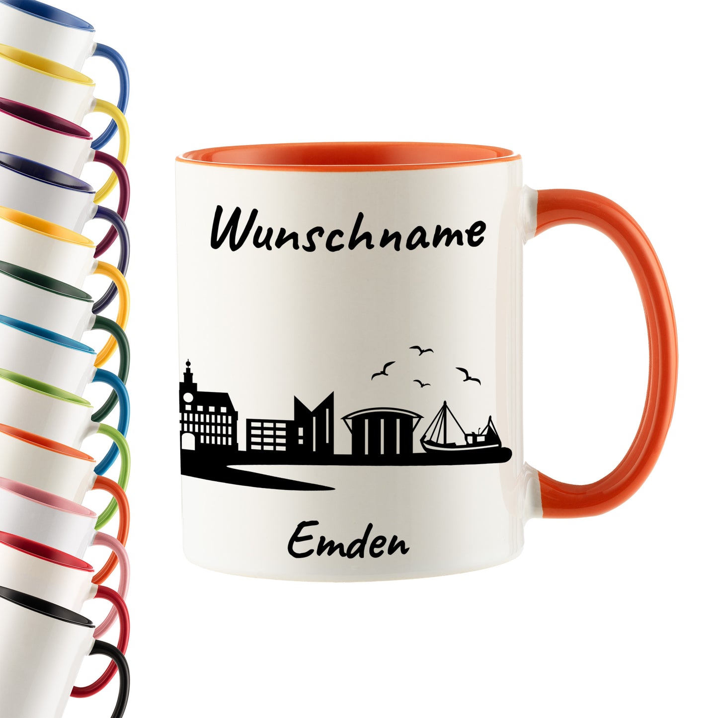 Tasse in Orange 330ml bedruckt mit der Skyline von Emden personalisierbar mit Wunschname