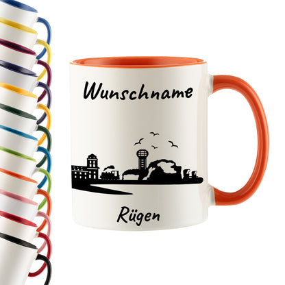 Tasse in Orange 330ml bedruckt mit der Skyline von Rügen personalisierbar mit Wunschname