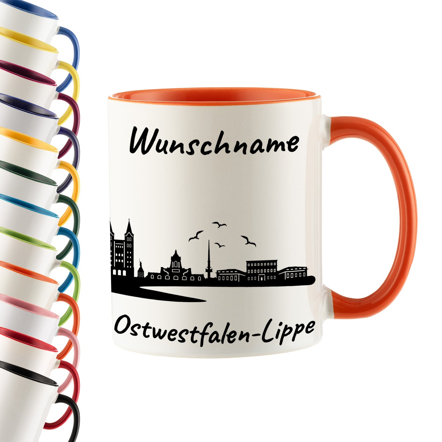 Tasse in Orange 330ml bedruckt mit der Skyline von Ostwestfalen-Lippe personalisierbar mit Wunschname