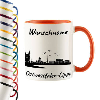 Tasse in Orange 330ml bedruckt mit der Skyline von Ostwestfalen-Lippe personalisierbar mit Wunschname