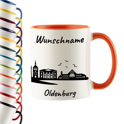 Tasse in Orange 330ml bedruckt mit der Skyline von Oldenburg personalisierbar mit Wunschname