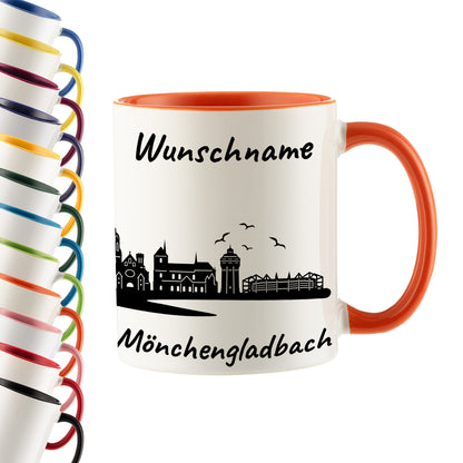 Tasse in Orange 330ml bedruckt mit der Skyline von Mönchengladbach personalisierbar mit Wunschname
