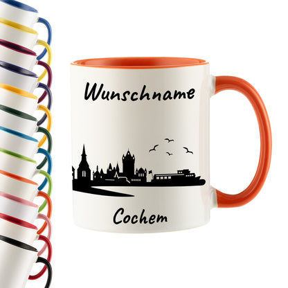 Tasse in Orange 330ml bedruckt mit der Skyline von Cochem personalisierbar mit Wunschname