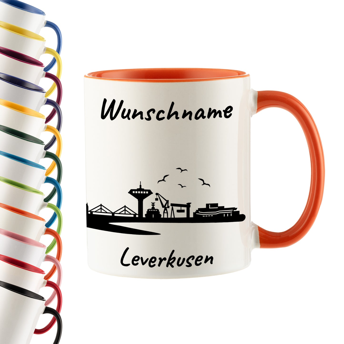 Tasse in Orange 330ml bedruckt mit der Skyline von Leverkusen personalisierbar mit Wunschname