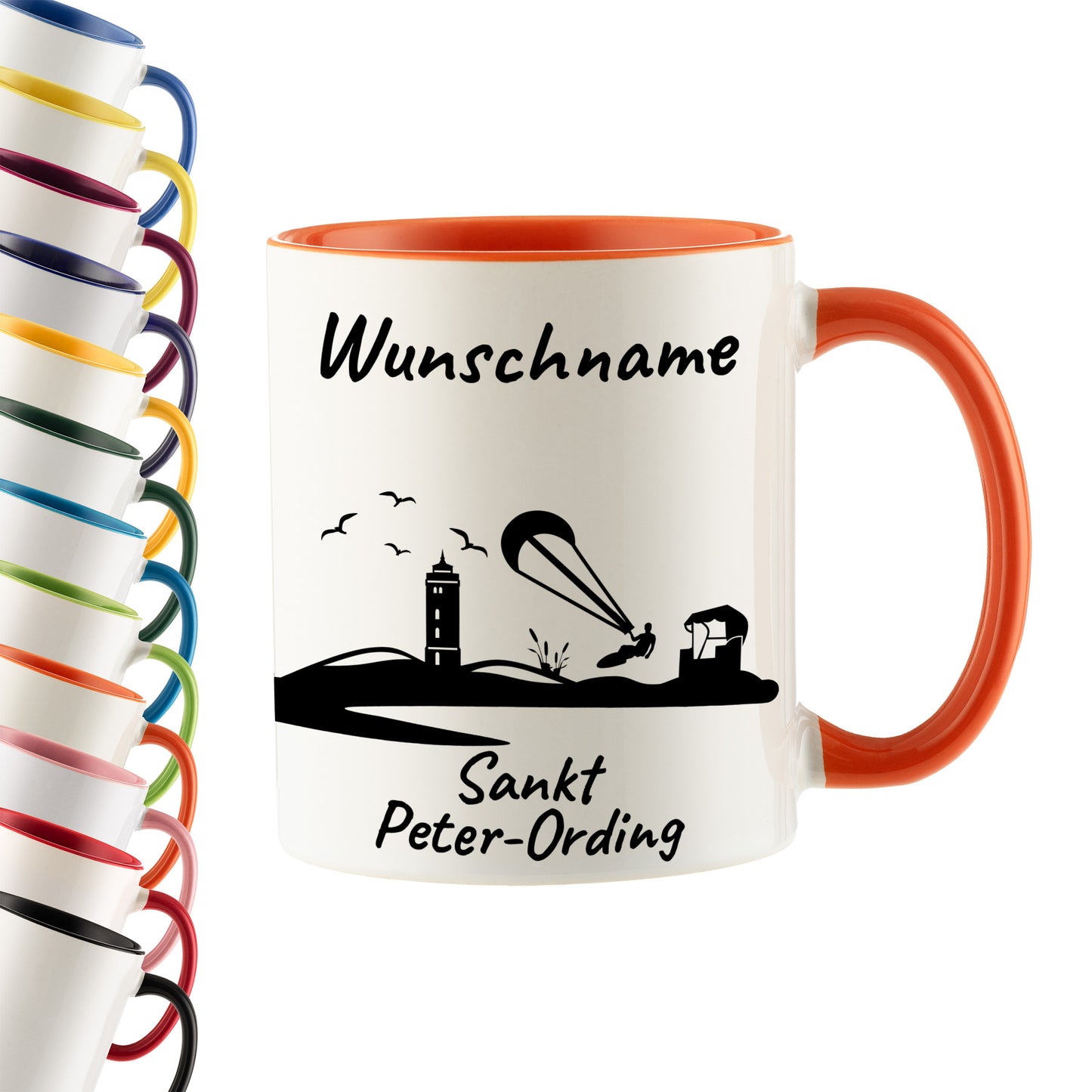 Tasse in Orange 330ml bedruckt mit der Skyline von Sankt Peter-Ording personalisierbar mit Wunschname