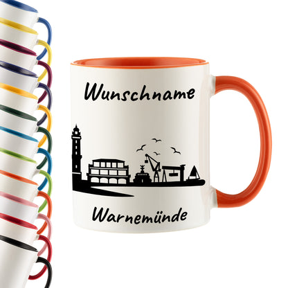 Tasse in Orange 330ml bedruckt mit der Skyline von Warnemünde personalisierbar mit Wunschname