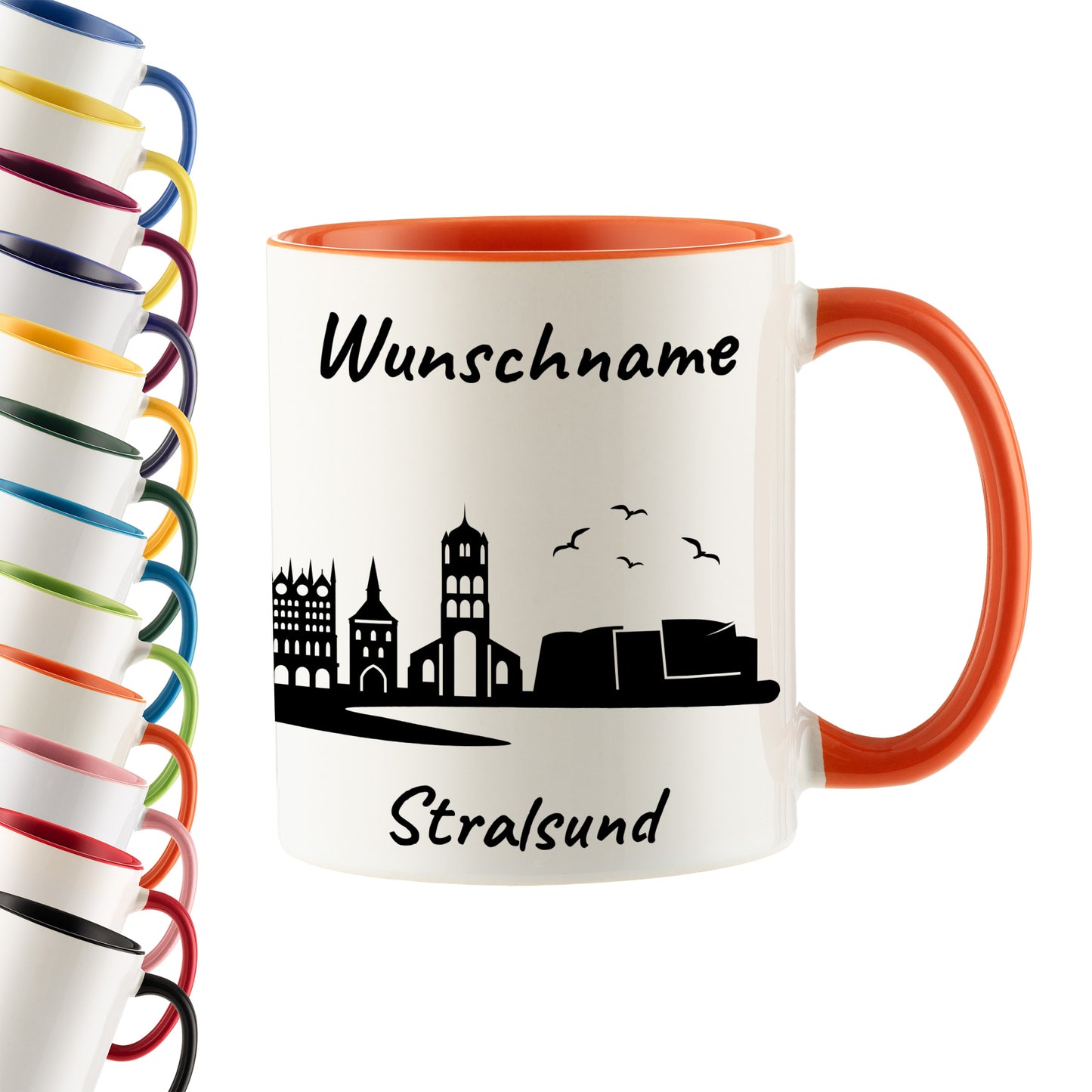 Tasse in Orange 330ml bedruckt mit der Skyline von Stralsund personalisierbar mit Wunschname